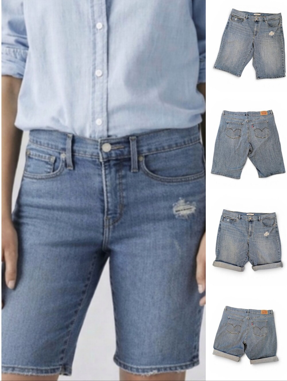LEVIS Denim Shorts Shaping Distressed Blue Stretch Boyfriend Bermuda Jeans 33 16